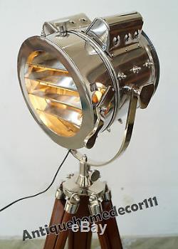 Marine Vintage Searchlight Lustre Retro Lampadaire Avec Support Trépied En Bois