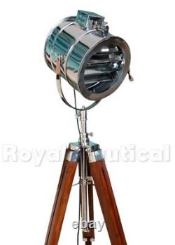 Marron Vintage Lampe De Sol Trépied En Bois Antique Led Spot Lumière Réglable