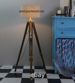 Nautical Antique Floor Shade Lamp Brown Wooden Tripod Stand Handmade Home Décor