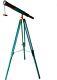 Nautical Brass Blue Tripod Telescope Vintage Leather Floor Standing Telescope