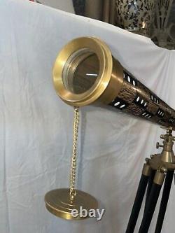 Nautical Vintage Brass Withwood Inlaid Floor Standing Telescope Avec Trépied