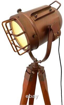 Projecteur trépied en bois, lampe de sol design, lumière de studio en laiton, trépied vintage