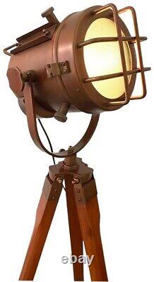 Projecteur trépied en bois, lampe de sol design, lumière de studio en laiton, trépied vintage