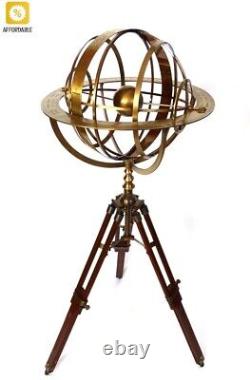 Sphérique Laiton Astrolabe Vintage Décoration Astronomie Un Trépied En Bois Cadeaux