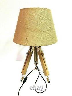 Table En Bois Vintage Nautique / Lampe De Bureau Trépied Stand Avec L'ombre De Jute Décoration Maison