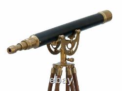 Télescope Antique De 39 Pouces De Laiton Permanent De Plancher Marin Avec Le Décor En Bois De Trépied