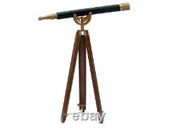 Télescope Antique De 39 Pouces De Laiton Permanent De Plancher Marin Avec Le Décor En Bois De Trépied