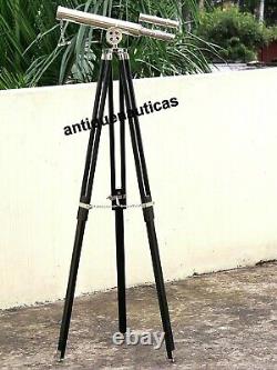 Télescope Antique Maritime Nautique sur Trépied en Bois Noir Stand Pirate Longue-Vue