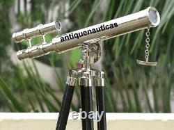 Télescope Antique Maritime Nautique sur Trépied en Bois Noir Stand Pirate Longue-Vue