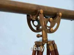 Télescope Antique Maritime en Laiton Nautique avec Trépied en Bois à Hauteur Ajustable