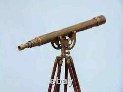 Télescope Antique Maritime en Laiton Nautique avec Trépied en Bois à Hauteur Ajustable
