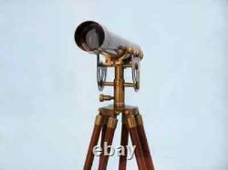 Télescope Antique Maritime en Laiton Nautique avec Trépied en Bois à Hauteur Ajustable