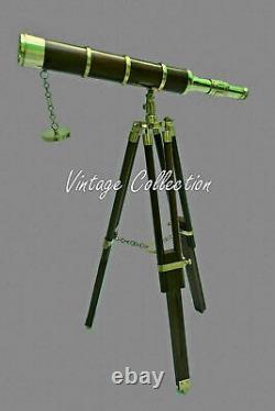 Télescope En Laiton Marin Antique De Cru Avec Le Stand En Bois De Trépied 18 Pouces