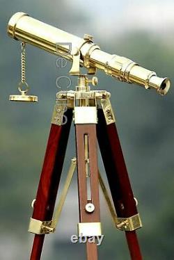 Téléscope En Laiton Support En Bois Trépied Nautique Antique Décor Marine