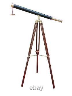 Télescope Nautique En Laiton Maritime Antique En Cuir Avec Trépied En Bois Stand D