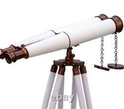 Télescope à double barillet avec trépied en bois en laiton antique et cuir
