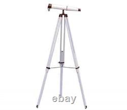 Télescope à double barillet avec trépied en bois en laiton antique et cuir