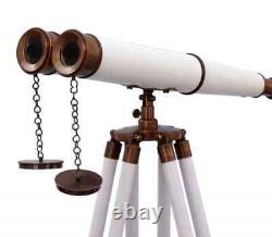 Télescope à double barillet avec trépied en bois en laiton antique et cuir
