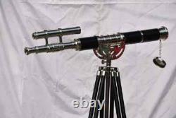 Télescope à double canon en laiton chromé avec trépied en bois sur pied