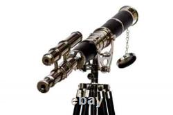Télescope à double canon en laiton chromé avec trépied en bois sur pied