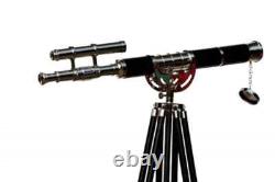Télescope à double canon en laiton chromé avec trépied en bois sur pied