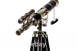 Télescope à double canon en laiton chromé avec trépied en bois sur pied