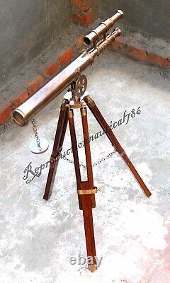 Télescope double barillet en laiton antique fait main avec trépied en bois décoratif de style nautique