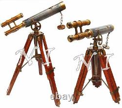 Télescope en cuir et laiton à double barillet antique vintage sur trépied en bois - Cadeau