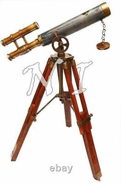 Télescope en cuir et laiton à double barillet antique vintage sur trépied en bois - Cadeau