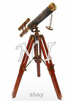 Télescope en cuir et laiton à double barillet antique vintage sur trépied en bois - Cadeau