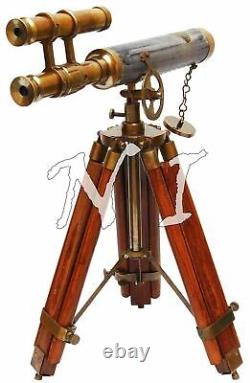 Télescope en cuir et laiton à double barillet antique vintage sur trépied en bois - Cadeau