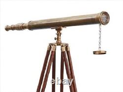 Télescope en laiton antique nautique vintage avec trépied en bois pour observer les oiseaux