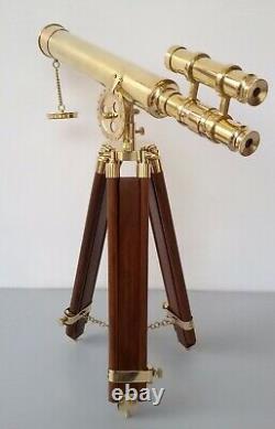 Télescope en laiton avec trépied en bois, télescope maritime fonctionnel, style vintage