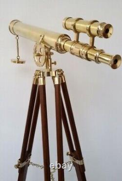 Télescope en laiton avec trépied en bois, télescope maritime fonctionnel, style vintage