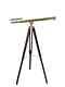 Telescope En Laiton Brillant Vintage à Double Barillet Avec Trépied En Bois Brun