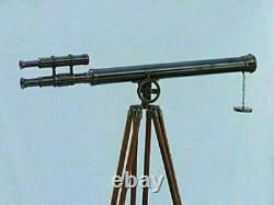 Télescope en laiton de marine antique à double barillet avec trépied en bois 39 pouces