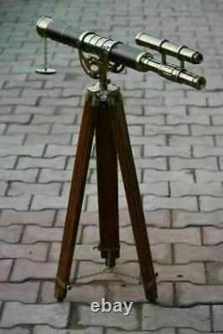 Télescope en laiton debout antique avec trépied en bois - Cadeau