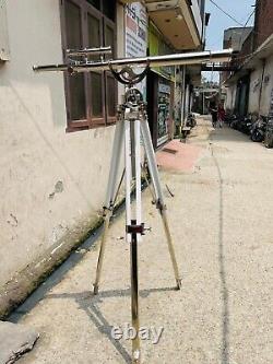 Télescope en laiton double canon nautique, argenté, sur trépied en bois et acier à poser au sol