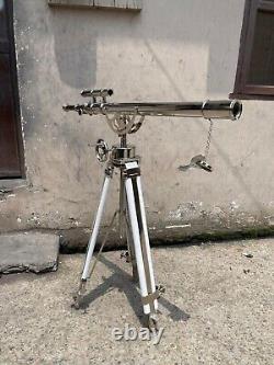 Télescope en laiton double canon nautique, argenté, sur trépied en bois et acier à poser au sol