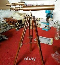 Télescope en laiton massif antique nautique avec trépied en bois, cadeau marin