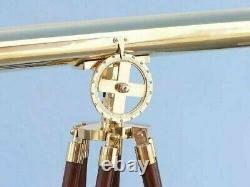 Télescope en laiton massif maritime à double canon vintage fait main avec trépied en bois