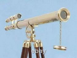 Télescope en laiton massif maritime à double canon vintage fait main avec trépied en bois