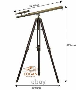 Télescope en laiton nautique vintage 39'' double canon de maître de port avec trépied en bois