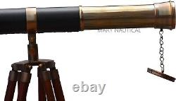 Télescope en laiton vintage avec trépied en bois, barillet unique et viseur nautique