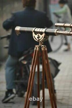 Télescope en laiton vintage avec trépied en bois réglable sur pied marin de 39 pouces.