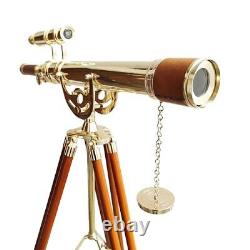 Télescope maître d'ancrage maritime vintage en laiton brillant sur trépied en bois ajustable