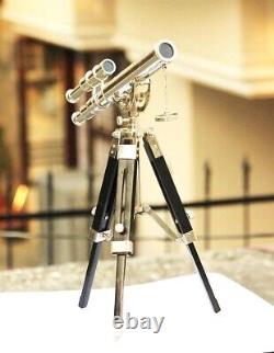 Télescope miniature à double canon en laiton avec support trépied en bois - Modèle vintage de navire de marine.
