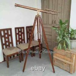 Télescope nautique ancien en laiton de 39 pouces sur trépied en bois