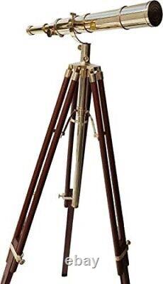 Télescope vintage royal sur trépied en bois massif brun avec télescope rétro en laiton