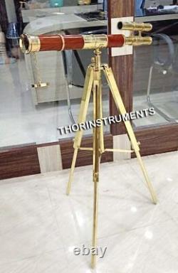 Trépied En Laiton À Double Barre En Laiton Vintage Et Télescope En Bois Brun 27